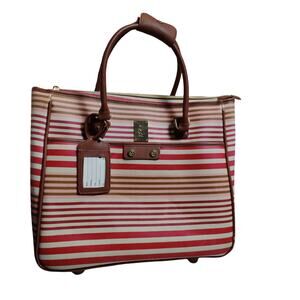 BtL Rolling Computer Bag Pink Tan Stripes Retractable Handle Carry On Tote
